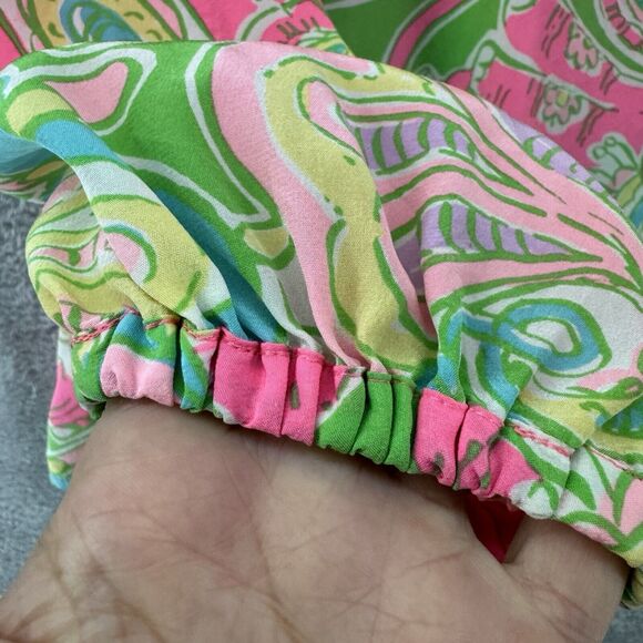 Lilly Pulitzer Top XS Silk Elsa Chin Chin Elephant Pink Ballon Sleeve V-Neck - Picture 8 of 16